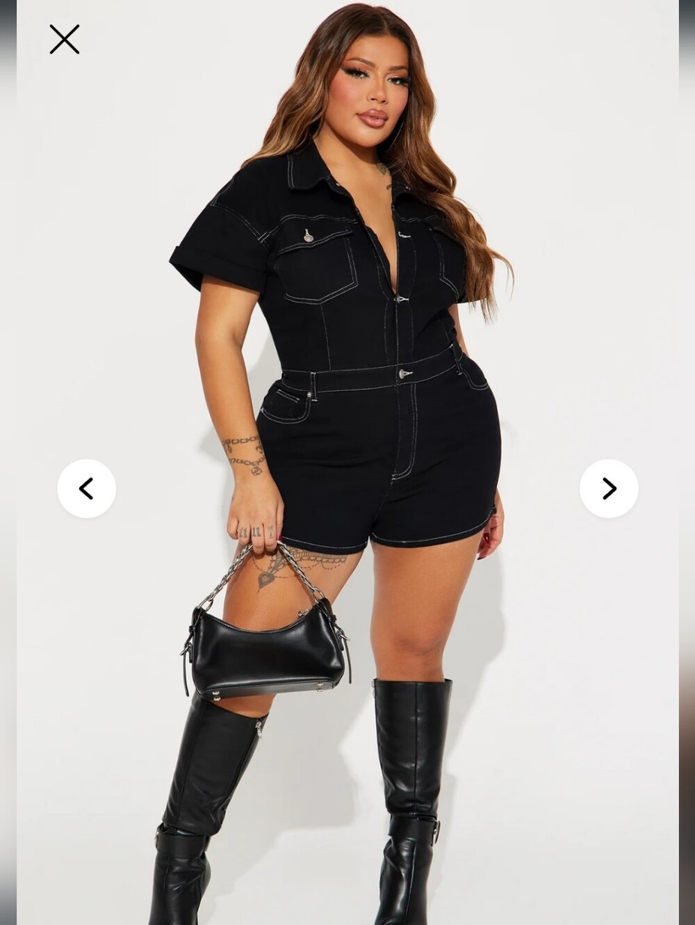 Black Denim Short Romper with Contrast Stitching